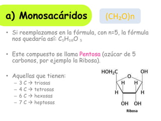 • Si reemplazamos en la fórmula, con n=5, la fórmula
nos quedaría así: C₅H₁₀O ₅
• Este compuesto se llama Pentosa (azúcar de 5
carbonos, por ejemplo la Ribosa).
• Aquellas que tienen:
– 3 C  triosas
– 4 C  tetrosas
– 6 C  hexosas
– 7 C  heptosas
Ribosa
a) Monosacáridos (CH₂O)n
 