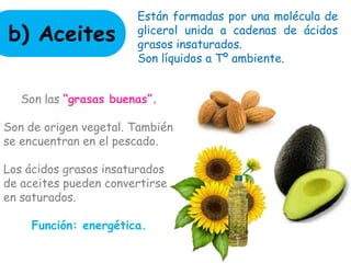 Están formadas por una molécula de
glicerol unida a cadenas de ácidos
grasos insaturados.
Son líquidos a Tº ambiente.
b) Aceites
Son las “grasas buenas”.
Son de origen vegetal. También
se encuentran en el pescado.
Los ácidos grasos insaturados
de aceites pueden convertirse
en saturados.
Función: energética.
 