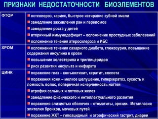ПРИЗНАКИ  НЕДОСТАТОЧНОСТИ  БИОЭЛЕМЕНТОВ поражение глаз – конъюктивит, кератит, слепота поражения кожи – мелкое шелушение, гиперкератоз, сухость и ломкость волос, поперечная исчерченность ногтей атрофия сальных и потовых желез замедление физического и интеллектуального развития поражения слизистых оболочек – стоматиты, эрозии.  Метаплазия эпителия бронхов, мочевых путей поражение ЖКТ – гипоацидный  и атрофический гастрит, диареи ЦИНК осложнение течения сахарного диабета, глюкозурия, повышение содержания инсулина в крови повышение холестерина и триглицеридов риск развития инсульта и инфаркта ХРОМ остеопороз, кариес, быстрое истирание зубной эмали замедление заживления ран и переломов замедление роста у детей вторичный иммунодефицит – осложнение простудных заболеваний осложнение течения атеросклероза и ИБС ФТОР 