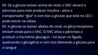 EX- Se a glicose estiver acima do nível, o SNC ativará o
pâncreas para este produzir insulina - ativa o
transportador “glut” e com isso a glicose que está no LEC-i
pode entrar na célula.
EX- A glicose se estiver abaixo do nível, os glicorreceptores
enviam sinais para o SNC. O SNC ativa o pâncreas a
produzir o hormônio glucagon - irá atuar no fígado,
quebrando o glicogênio e com isso liberando a glicose para
o sangue
 