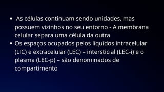 As células continuam sendo unidades, mas
possuem vizinhos no seu entorno - A membrana
celular separa uma célula da outra
Os espaços ocupados pelos líquidos intracelular
(LIC) e extracelular (LEC) – intersticial (LEC-i) e o
plasma (LEC-p) – são denominados de
compartimento
 