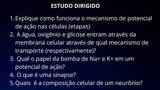 ESTUDO DIRIGIDO
Explique como funciona o mecanismo de potencial
de ação nas células (etapas)
1.
A água, oxigênio e glicose entram através da
membrana celular através de qual mecanismo de
transporte (respectivamente)?
2.
Qual o papel da bomba de Na+ e K+ em um
potencial de ação?
3.
O que é uma sinapse?
4.
Quais é a composição celular de um neurônio?
5.
 