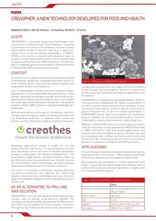 July 2014
4
SCOPE
CREASPHER is a Creathes’ proprietary technology, invol-
ving emulsion solidiﬁcation by « ﬂash freezing ». It permits
to prevent active products from oxidation, to protect ﬂavors
and to deliver actives in speciﬁc areas (e.g.: in gastro-in-
testinal tract, on skin at a chosen temperature …). CREAS-
PHER can be used to incorporate oily substances (pure or
mixed) in an oily matrix material which can be incorporated
in aqueous phase making a stable dispersion. This techno-
logy is completely green as absolutely no chemical reaction
is involved during the encapsulation process.
CONTEXT
In food industry, problems involved are essentially related
to formulation, protection, compatibility between products,
taste masking which means directly linked to galenic and
organoleptic properties of products.
Lots of technologies already exist but frequently induce
high particle size, not indicated for therapeutical use. In this
domain, advanced technologies provide controlled and tar-
geted release without texture problems, but or not suitable
for health applications because of the beneﬁt-risk balance:
residual solvent, CMR substances like glutaraldehyde, for-
maldehyde…
With the development of therapeutic innovations, new tech-
nologies have emerged to meet new needs (size reduction,
use of different materials ...). However, other criteria are
not met, such as small size or texture problems reduction.
Nowadays, applications related to health are not only
medical but also well-being. The aging population is brin-
ging new needs such as decrease of nutrients absorption,
change in eating habits, skin problems (dehydration)… For
these kinds of applications, risk-beneﬁt balance could not
be valid anymore as risks are almost non-existent. As more
and more beneﬁts need to be brought, we have to develop
other ways to integrate new functionality in products.
The issue is to develop a technology allowing vectoriza-
tion-diffusion-protection and suppress this beneﬁt-risk
balance. Several existing technologies can meet this chal-
lenge, but problems related to texture and particle size are
still present.
AS AN ALTERNATIVE TO PRILLING
AND GELATION
CREASPHER is also an alternative to these existing tech-
nologies such as prilling, spray-drying or gelation. For
example, prilling can provide capsules with 70-100 µm mini-
mum PSD, but not suitable for food or cosmetic industries.
Through our full mastery of the particle size, very small mi-
crocapsules are obtained in the range of 0.5 to 40 µm (ﬁgure
1). By this way, issues on stability, texture or grainy touch
can be easily overcome and some speciﬁc applications can
be reached.
CREASPHER is a proprietary technology (Huilier, 2013) in-
volving emulsion solidiﬁcation by “ﬂash crystallization”. It
permits to prevent active products from oxidation, to pro-
tect ﬂavors and to deliver actives in speciﬁc areas (e.g.: in
gastro-intestinal tract, on skin at a chosen temperature…).
CREASPHER can be used to incorporate oily substances
(pure or mixed) in an oily matrix material which can be in-
corporated in aqueous phase making a stable dispersion.
Moreover, CREASPHER does not use any chemical mecha-
nism, but only phase change phenomena. INCI formula used
is 100% indicated for food and medical applications, and
could also be used for organic products. All materials used
are completely safe, without any toxicity even concerning
surfactants. Not involving chemical reaction and secondary
product, it could also be integrate into GMP processes.
APPLICATIONS
This technology is available for several applications such as
food, animal feed, nutraceutics... PSD could be chosen from
0.5 to 40 µm, depending on the expected applications.
Microcapsules are presented in a water dispersion form
(table 1, ﬁgure 2A) and can be spray-dried. Powder form is
preferred for food use, whereas liquid form is highly used
for creams and textile deposit.
ARTICLE
CREASPHER:ANEWTECHNOLOGYDEVELOPEDFORFOODANDHEALTH
Adeline Callet, Hervé Huilier - Creathes, Belfort - France
Figure 1: SEM picture of CREASPHER capsules
Table 1: Data for CREASPHER in liquid form (slurry)
Data
Particle size distribution d(0.5) can be adjusted in 0.5 to
30 µm range
Dry content 35-40 %
pH 4.5-5
Aspect Slurry, white color, no odor
Viscosity 100 cP < < 1000 cP
 