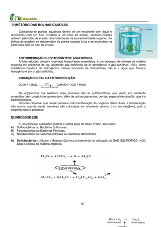 3ª)MÉTODO DAS BOLHAS GASOSAS

      Colocando-se plantas aquáticas dentro de um recipiente com água e
recobrindo com um funil invertido e um tubo de ensaio, veremos bolhas
subirem pelo tubo de ensaio, acumulando-se na sua extremidade superior. As
bolhas de oxigênio se desprendem da planta exposta à luz e se acumulam na
parte mais alta do tubo de ensaio.



      FOTORREDUÇÃO OU FOTOSSÍNTESE ANAERÓBICA:
      A fotorredução, também chamada fotossíntese anaeróbica, é um processo de síntese de matéria
orgânica em presença de luz, utilizando gás carbônico do ar atmosférico e gás sulfídrico (H2S), como
substância doadora de hidrogênios. Nesse processo de fotossíntese não é a água que fornece
hidrogênio e sim o, gás sulfídrico.

      EQUAÇÃO GERAL DA FOTORREDUÇÃO
                           LUZ
      6CO2 + 12H2S                    C2H12O6 + 12S + 6H2O
                       BACTERIOCLOROFILA



      Os organismos que realizam esse processo são as sulfobactérias, que vivem em ambiente
anaeróbio (sem oxigênio) e apresentam, além de outros pigmentos, um tipo especial de clorofila, que é a
bacterioclorofila.
      Convém observar que nesse processo não há liberação de oxigênio. Além disso, a fotorredução
não ocorre quando essas bactérias são colocadas em ambiente aeróbio (rico em oxigênio), pois o
oxigênio inibe o processo.

QUIMIOSSÍNTESE

    É um processo autotrófico restrito a certos tipos de BACTÉRIAS, tais como:
A) Sulfobactérias ou Bactérias Sulfurosas.
B) Ferrobactérias ou Bactérias Ferrosas.
C) Nitrobactérias ou Bactérias Nitrosas ou Bactérias Nitrificantes.

A)   Sulfobactérias: utilizam a Energia Química proveniente da oxidação do GÁS SULFÍDRICO (H2S)
     para a síntese de matéria orgânica.




                                                      19
 