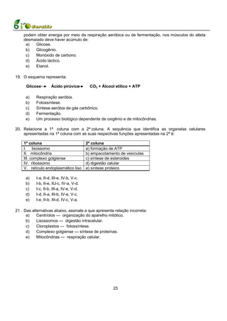 podem obter energia por meio da respiração aeróbica ou de fermentação, nos músculos do atleta
    desmaiado deve haver acúmulo de:
     a)  Glicose.
     b)  Glicogênio.
     c)  Monóxido de carbono.
     d)  Ácido láctico.
     e)  Etanol.

19. O esquema representa:

      Glicose       Ácido pirúvico          CO2 + Álcool etílico + ATP

     a)    Respiração aeróbia.
     b)    Fotossíntese.
     c)    Síntese aeróbia de gás carbônico.
     d)    Fermentação.
     e)    Um processo biológico dependente de oxigênio e de mitocôndrias.

20. Relacione a 1ª coluna com a 2ª coluna. A sequência que identifica as organelas celulares
    apresentadas na 1ª coluna com as suas respectivas funções apresentadas na 2ª é:

    1ª coluna                             2ª coluna
    I. lisossomo                          a) formação de ATP
    II. mitocôndria                       b) empacotamento de vesículas
    III. complexo golgiense               c) síntese de esteroides
    IV. ribossomo                         d) digestão celular
    V. retículo endoplasmático liso       e) síntese proteico

     a)    I-a, II-d, III-e, IV-b, V-c.
     b)    I-b, II-e, IIJ-c, IV-a, V-d.
     c)    I-c, II-b, III-a, IV-e, V-d.
     d)    I-d, II-a, III-b, IV-e, V-c.
     e)    I-e, II-b, III-d, IV-c, V-a.

21 . Das alternativas abaixo, assinale a que apresenta relação incorreta:
      a)    Centríolos — organização do aparelho mitótico.
      b)    Lisossomos — digestão intracelular.
      c)    Cloroplastos — fotossíntese.
      d)    Complexo golgiense — síntese de proteínas.
      e)    Mitocôndrias — respiração celular.




                                                        25
 