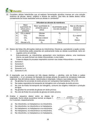 22. Considere células heterótrofas que só realizam fermentação alcoólica imersas em uma solução
    isotônica de glicose, etanol, oxigênio e dióxido de carbono. Que letra da tabela abaixo indica
    corretamente as trocas realizadas entre as células e o ambiente?

                                       Difundem-se através da membrana
                       Maior
                                    Maior quantidade do                             Não se difunde(m)
                  quantidade da                               Quantidades iguais
                                     ambiente para a                                   através da
                   célula para o                               nos dois sentidos
                                           célula                                      membrana
                     ambiente
            a)     CO2 e etanol           Glicose                     O2                     -
            b)         CO2                Glicose                      -                O2 e etanol
            c)         CO2            Glicose e etanol                 -                    O2
            d)          O2                Glicose                    CO2                  Etanol
            e)     Glicose e O2             O2                      Etanol                   -


23. Abaixo são feitas três afirmações relativas às mitocôndrias. Estude-as, assinalando a opção correta:
     I.     As mitocôndrias estão presentes em praticamente todas as células eucarióticas, tanto em
            vegetais como em animais.
     II.    Estruturalmente, as mitocôndrias apresentam uma membrana externa, uma membrana
            interna, as quais formam as cristas mitocondriais, e uma matriz.
     III.   Todas as etapas do processo respiratório ocorrem nas cristas mitocondriais e na matriz.
     a)   Somente I.
     b)   Somente II.
     c)   Somente III.
     d)   Somente I e II.
     e)   Somente II e III.

24. A respiração, que se processa em três etapas distintas — glicólise, ciclo de Krebs e cadeia
    respiratória — é um processo de liberação de energia através da quebra de complexas moléculas
    orgânicas. Das afirmativas abaixo, relacionadas à respiração, indique a que esteja correta:
     a)    Na glicólise há conversão do ácido pirúvico em compostos intermediários, HO e CO.
     b)    Na cadeia respiratória há transporte de hidrogênio com a formação de ácido pirúvico.
     c)    No ciclo de Krebs há transporte de hidrogênio, consumo de oxigênio molecular e produção
           de água.
     d)    Na glicólise há conversão da glicose em ácido pirúvico.
     e)    No ciclo de Krebs há conversão da glicose em ácido pirúvico.

25. Analise o esquema abaixo sobre as etapas da
    respiração. Numa célula eucariótica normal, as etapas 1,
    2 e 3 ocorrem, respectivamente:

     a)    Na mitocôndria, no hialoplasma e na mitocôndria.
     b)    Na mitocôndria, na mitocôndria e no hialoplasma.
     c)    No hialoplasma, no hialoplasma e na mitocôndria.
     d)    No hialoplasma, na mitocôndria e na mitocôndria.
     e)    Na mitocôndria, no hialoplasma e no hialoplasma.


                                                     26
 