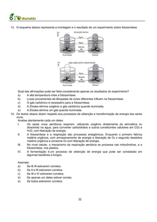 13. O esquema abaixo representa a montagem e o resultado de um experimento sobre fotossíntese.




     Qual das afirmações pode ser feita considerando apenas os resultados do experimento?
     a)     A alta temperatura inibe a fotossíntese.
     b)     Luzes provenientes de lâmpadas de cores diferentes influem na fotossíntese.
     c)     O gás carbônico é necessário para a fotossíntese.
     d)     A Elodea elimina oxigênio e gás carbônico quando iluminada.
     e)     A Elodea elimina um gás quando iluminada.
14. Os textos abaixo dizem respeito aos processos de obtenção e transformação de energia dos seres
    vivos.
     Analise atentamente cada um deles:
     I.     Os seres vivos aeróbicos respiram, utilizando oxigênio diretamente da atmosfera ou
            dissolvido na água, para converter carboidratos e outros constituintes celulares em CO2 e
            H2O, com liberação de energia.
     II.    A fotossíntese e a respiração são processos antagônicos. Enquanto o primeiro fabrica
            matéria orgânica, com armazenamento de energia e liberação de O2 o segundo desdobra
            matéria orgânica e consome O2 com liberação de energia.
     III.   No nível celular, o mecanismo da respiração aeróbica se processa nas mitocôndrias, e a
            fotossíntese, nos plastos.
     IV.    A fermentação é um processo de obtenção de energia que pode ser constatado em
            algumas bactérias e fungos.

     Assinale:
     a)     Se lê III estiverem corretos.
     b)     Se II e III estiverem corretos.
     c)     Se III e IV estiverem corretos.
     d)     Se apenas um deles estiver correto.
     e)     Se todos estiverem corretos.




                                                    32
 