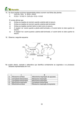 15. As duas reações químicas representadas abaixo ocorrem nas folhas das plantas:
     I.    C6H12O6 + 6O2      6CO2 + 6H2O
     II.   6 CO2 + 12 H2O     C6H12O6 + 6 O2 + 6 H2O

     É correto afirmar que:
     a)     Ambas as reações só ocorrem quando a planta está no escuro.
     b)     Ambas as reações só ocorrem quando a planta está iluminada.
     c)     Ambas as reações ocorrem tanto no claro como no escuro.
     d)     A reação I só ocorre quando a planta está iluminada; a II ocorre tanto no claro quanto no
            escuro.
     e)     A reação II só ocorre quando a planta está iluminada; a I ocorre tanto no claro quanto no
            escuro.

16. Observe o seguinte esquema:




No quadro abaixo, assinale a alternativa que identifica corretamente as organelas e os processos
   celulares representados em I e II.




                       I                                 II
    a)   Ribossomo-síntese            Mitocôndria-respiração de açúcares
    b)   Cloroplasto-fotossíntese     Ribossomo-respiração
    c)   Cloroplasto-fotossíntese     Mitocôndria-respiração
    d)   Mitocôndria-respiração       Cloroplasto-fotossíntese
    e)   Mitocôndria-síntese          Ribossomo-respiração de açúcares




                                                   33
 