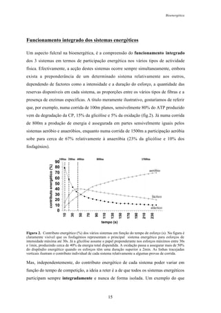 Bioenergética
15
Funcionamento integrado dos sistemas energéticos
Um aspecto fulcral na bioenergética, é a compreensão do funcionamento integrado
dos 3 sistemas em termos de participação energética nos vários tipos de actividade
física. Efectivamente, a acção destes sistemas ocorre sempre simultaneamente, embora
exista a preponderância de um determinado sistema relativamente aos outros,
dependendo de factores como a intensidade e a duração do esforço, a quantidade das
reservas disponíveis em cada sistema, as proporções entre os vários tipos de fibras e a
presença de enzimas específicas. A título meramente ilustrativo, gostaríamos de referir
que, por exemplo, numa corrida de 100m planos, sensivelmente 80% do ATP produzido
vem da degradação da CP, 15% da glicólise e 5% da oxidação (fig.2). Já numa corrida
de 800m a produção de energia é assegurada em partes sensivelmente iguais pelos
sistemas aeróbio e anaeróbios, enquanto numa corrida de 1500m a participação aeróbia
sobe para cerca de 67% relativamente à anaeróbia (23% da glicólise e 10% dos
fosfagénios).
0
10
20
30
40
50
60
70
80
90
10
30
50
70
90
110
130
150
170
190
210
230
tempo (s)
contributoenergético(%)
aeróbio
láctico
aláctico
100m 200m 800m 1500m400m
Figura 2. Contributo energético (%) dos vários sistemas em função do tempo de esforço (s). Na figura é
claramente visível que os fosfagénios representam o principal sistema energético para esforços de
intensidade máxima até 30s. Já a glicólise assume o papel preponderante nos esforços máximos entre 30s
e 1min, produzindo cerca de 40% da energia total dispendida. A oxidação passa a assegurar mais de 50%
do dispêndio energético quando os esforços têm uma duração superior a 2min. As linhas tracejadas
verticais ilustram o contributo individual de cada sistema relativamente a algumas provas de corrida.
Mas, independentemente, do contributo energético de cada sistema poder variar em
função do tempo de competição, a ideia a reter é a de que todos os sistemas energéticos
participam sempre integradamente e nunca de forma isolada. Um exemplo do que
 