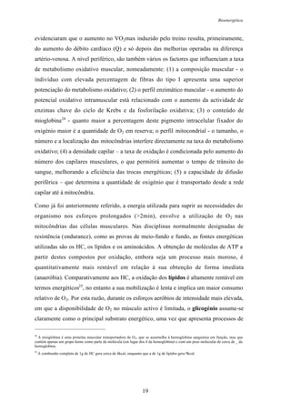 Bioenergética
19
evidenciaram que o aumento no VO2max induzido pelo treino resulta, primeiramente,
do aumento do débito cardíaco (Q) e só depois das melhorias operadas na diferença
artério-venosa. A nível periférico, são também vários os factores que influenciam a taxa
de metabolismo oxidativo muscular, nomeadamente: (1) a composição muscular - o
indivíduo com elevada percentagem de fibras do tipo I apresenta uma superior
potenciação do metabolismo oxidativo; (2) o perfil enzimático muscular - o aumento do
potencial oxidativo intramuscular está relacionado com o aumento da actividade de
enzimas chave do ciclo de Krebs e da fosforilação oxidativa; (3) o conteúdo de
mioglobina24
- quanto maior a percentagem deste pigmento intracelular fixador do
oxigénio maior é a quantidade de O2 em reserva; o perfil mitocondrial - o tamanho, o
número e a localização das mitocôndrias interfere directamente na taxa do metabolismo
oxidativo; (4) a densidade capilar – a taxa de oxidação é condicionada pelo aumento do
número dos capilares musculares, o que permitirá aumentar o tempo de trânsito do
sangue, melhorando a eficiência das trocas energéticas; (5) a capacidade de difusão
periférica – que determina a quantidade de oxigénio que é transportado desde a rede
capilar até à mitocôndria.
Como já foi anteriormente referido, a energia utilizada para suprir as necessidades do
organismo nos esforços prolongados (>2min), envolve a utilização de O2 nas
mitocôndrias das células musculares. Nas disciplinas normalmente designadas de
resistência (endurance), como as provas de meio-fundo e fundo, as fontes energéticas
utilizadas são os HC, os lípidos e os aminoácidos. A obtenção de moléculas de ATP a
partir destes compostos por oxidação, embora seja um processo mais moroso, é
quantitativamente mais rentável em relação à sua obtenção de forma imediata
(anaeróbia). Comparativamente aos HC, a oxidação dos lípidos é altamente rentável em
termos energéticos25
, no entanto a sua mobilização é lenta e implica um maior consumo
relativo de O2. Por esta razão, durante os esforços aeróbios de intensidade mais elevada,
em que a disponibilidade de O2 no músculo activo é limitada, o glicogénio assume-se
claramente como o principal substrato energético, uma vez que apresenta processos de
24
A mioglobina é uma proteína muscular transportadora de O2, que se assemelha à hemoglobina sanguínea em função, mas que
contém apenas um grupo heme como parte da molécula (em lugar dos 4 da hemoglobina) e com um peso molecular de cerca de _ da
hemoglobina.
25
A combustão completa de 1g de HC gera cerca de 4kcal, enquanto que a de 1g de lípidos gera 9kcal.
 