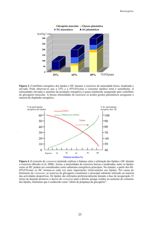 Bioenergética
23
0
50
100
150
200
250
300
25% 65% 85%
Glicogénio muscular Glucose plasmática
TG musculares AG plasmáticos
kcal.kg-1.min
%VO2max
Figura 3. Contributo energético dos lípidos e HC durante o exercício de intensidade baixa, moderada e
elevada. Pode observar-se que a 25% e a 85%VO2max o consumo lipídico total é semelhante. A
intensidades elevadas o aumento da produção energética é quase totalmente assegurado pelo contributo
do glicogénio muscular. A baixas intensidades de exercício os ácidos gordos plasmáticos asseguram a
maioria do dispêndio energético.
Figura 4. O conceito de crossover pretende explicar o balanço entre a utilização dos lípidos e HC durante
o exercício (Brooks et al. 2000). Assim, a intensidades de exercício baixas e moderadas, tanto os lípidos
como os HC podem ser considerados como substratos energéticos principais. No entanto, a partir dos 60-
65%VO2max os HC tornam-se cada vez mais importantes relativamente aos lípidos. Por causa do
fenómeno de crossover, as reservas de glicogénio constituem o principal substrato utilizado na maioria
das actividades desportivas. Os lípidos são utilizados preferencialmente durante a fase de recuperação. O
treino de duração promove o desvio do crossover para a direita, porque conduz ao aumento do consumo
dos lípidos, fenómeno que é conhecido como “efeito de poupança de glicogénio”.
% de participação
energética dos HC
Potência aeróbia (%)
10
100
80
90
50
70
6020
50
40
30
60
0 40
Repouso 20 40 60 80 100
% de participação
energética dos lipídos
Lípidos
Hidratos de carbono
Treino
 