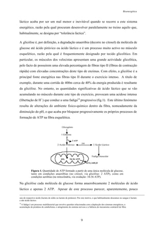 Bioenergética
9
láctico acaba por ser um mal menor e inevitável quando se recorre a este sistema
energético, razão pela qual procuram desenvolver paralelamente no treino aquilo que,
habitualmente, se designa por “tolerância láctica”.
A glicólise é, por definição, a degradação anaeróbia (decorre no citosol) da molécula de
glucose até ácido pirúvico ou ácido láctico e é um processo muito activo no músculo
esquelético, razão pela qual é frequentemente designado por tecido glicolítico. Em
particular, os músculos dos velocistas apresentam uma grande actividade glicolítica,
pelo facto de possuirem uma elevada percentagem de fibras tipo II (fibras de contracção
rápida) com elevadas concentrações deste tipo de enzimas. Com efeito, a glicólise é a
principal fonte energética nas fibras tipo II durante o exercício intenso. A título de
exemplo, durante uma corrida de 400m cerca de 40% da energia produzida é resultante
da glicólise. No entanto, as quantidades significativas de ácido láctico que se vão
acumulando no músculo durante este tipo de exercício, provocam uma acidose intensa
(libertação de H+
) que conduz a uma fadiga14
progressiva (fig.1). Este último fenómeno
resulta de alterações do ambiente fisico-químico dentro da fibra, nomeadamente da
diminuição do pH, o que acaba por bloquear progressivamente os próprios processos de
formação de ATP na fibra esquelética.
Glicogénio
1 Glucose
2 Ácido Pirúvico 2 Ácido Láctico
Fadiga muscular
6O2
2 ATP
34-36 ATP
LDH
6CO2+6H2O
Figura 1. Quantidade de ATP formado a partir de uma única molécula de glucose,
tanto em condições anaeróbias (no citosol, via glicólise: 2 ATP), como em
condições aeróbias (na mitocôndria, via oxidação: 34-36 ATP).
Na glicólise cada molécula de glucose forma anaerobicamente 2 moléculas de ácido
láctico e apenas 2 ATP. Apesar de este processo parecer, aparentemente, pouco
sais do respectivo ácido (lactato de sódio ou lactato de potássio). Por este motivo, o que habitualmente doseamos no sangue é lactato
e não ácido láctico.
14
A fadiga é um processo multifactorial que envolve questões relacionadas com a deplecção dos sistemas energéticos, a
acumulação de produtos do catabolismo, o atingimento do sistema nervoso e a falência do mecanismo contráctil de fibra
 