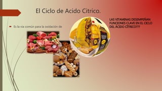 El Ciclo de Acido Citrico.
 Es la via común para la oxidación de
LAS VITAMINAS DESEMPEÑAN
FUNCIONES CLAVE EN EL CICLO
DEL ÁCIDO CÍTRICO???
 