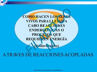 COMO HACEN LOS SERES
VIVOS PARALLEV
AR A
CABO REACCIONES
ENDERGÓNICAS O
PROCESOS QUE
REQUIEREN ENERGÍA
(desfavorables)
ATRA
VES DE REACCIONESACOPLADAS
Este archivo fue descargado de https://filadd.com
 