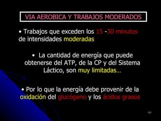 VIA AEROBICA Y TRABAJOS MODERADOS

• Trabajos que exceden los 15 -30 minutos
de intensidades moderadas

    • La cantidad de energía que puede
  obtenerse del ATP, de la CP y del Sistema
        Láctico, son muy limitadas…


• Por lo que la energía debe provenir de la
oxidación del glucógeno y los ácidos grasos

                                              131
 