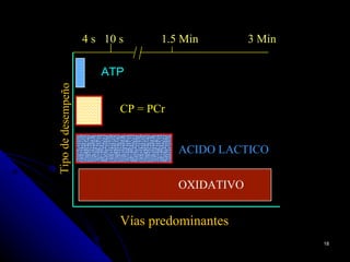 4 s 10 s      1.5 Min         3 Min

                       ATP
                      ATP
Tipo de desempeño


                           CP = PCr


                                      ACIDO LACTICO


                                      OXIDATIVO


                           Vías predominantes
                                                          18
 