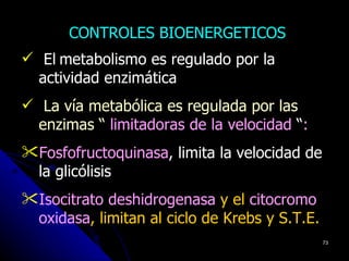 CONTROLES BIOENERGETICOS
 Ellmetabolismo es regulado por la
  actividad enzimática
 La vía metabólica es regulada por las
  enzimas “ limitadoras de la velocidad “:
Fosfofructoquinasa, limita la velocidad de
 la glicólisis
Isocitrato deshidrogenasa y el citocromo
 oxidasa, limitan al ciclo de Krebs y S.T.E.
                                               73
 