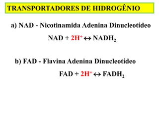 TRANSPORTADORES DE HIDROGÊNIO
a) NAD - Nicotinamida Adenina Dinucleotídeo
NAD + 2H+  NADH2
b) FAD - Flavina Adenina Dinucleotídeo
FAD + 2H+  FADH2
 