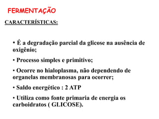 CARACTERÍSTICAS:
• É a degradação parcial da glicose na ausência de
oxigênio;
• Processo simples e primitivo;
• Ocorre no hialoplasma, não dependendo de
organelas membranosas para ocorrer;
• Saldo energético : 2 ATP
• Utiliza como fonte primaria de energia os
carboidratos ( GLICOSE).
FERMENTAÇÃO
 