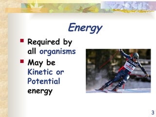 3
Energy
 Required by
all organisms
 May be
Kinetic or
Potential
energy
 