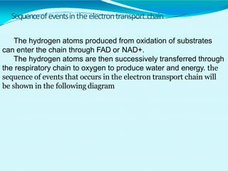 Sequenceofeventsintheelectrontransport chain
The hydrogen atoms produced from oxidation of substrates
can enter the chain through FAD or NAD+.
The hydrogen atoms are then successively transferred through
the respiratory chain to oxygen to produce water and energy. the
sequence of events that occurs in the electron transport chain will
be shown in the following diagram
 
