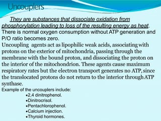 Uncouplers
They are substances that dissociate oxidation from
phosphorylation leading to loss of the resulting energy as heat.
There is normal oxygen consumption without ATP generation and
P/O ratio becomes zero.
Uncoupling agents act as lipophilic weak acids, associatingwith
protons on the exterior of mitochondria, passing through the
membrane with the bound proton, and dissociating the proton on
the interior of the mitochondrion. These agents cause maximum
respiratory rates but the electron transport generates no ATP,since
the translocated protons do not return to the interior throughATP
synthase.
Example of the uncouplers include:
2,4 dinitrophenol.
Dinitrocrisol.
Pentachlorophenol.
Calcium injection.
Thyroid hormones.
 