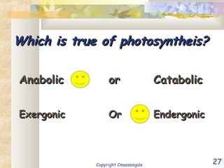 27
Which is true of photosyntheis?Which is true of photosyntheis?
AnabolicAnabolic oror CatabolicCatabolic
ExergonicExergonic OrOr EndergonicEndergonic
Copyright Cmassengale
 