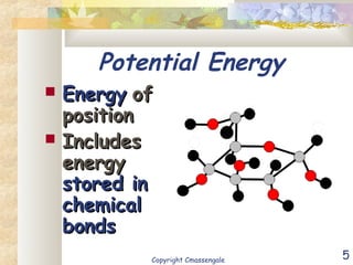 5
Potential Energy
 EnergyEnergy ofof
positionposition
 IncludesIncludes
energyenergy
stored instored in
chemicalchemical
bondsbonds
Copyright Cmassengale
 