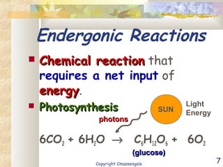 7
Endergonic Reactions
 Chemical reactionChemical reaction that
requires a net input of
energyenergy.
 PhotosynthesisPhotosynthesis
6CO2 + 6H2O → C6H12O6 + 6O2
SUN
photonsphotons
Light
Energy
(glucose)(glucose)
Copyright Cmassengale
 