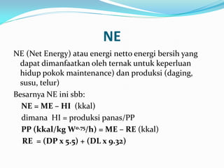 NE
NE (Net Energy) atau energi netto energi bersih yang
dapat dimanfaatkan oleh ternak untuk keperluan
hidup pokok maintenance) dan produksi (daging,
susu, telur)
Besarnya NE ini sbb:
NE = ME – HI (kkal)
dimana HI = produksi panas/PP
PP (kkal/kg W0.75/h) = ME – RE (kkal)
RE = (DP x 5.5) + (DL x 9.32)
 