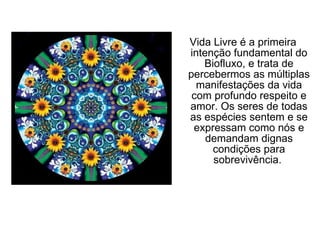 Vida Livre é a primeira intenção fundamental do Biofluxo, e trata de percebermos as múltiplas manifestações da vida com profundo respeito e amor. Os seres de todas as espécies sentem e se expressam como nós e demandam dignas condições para sobrevivência.  