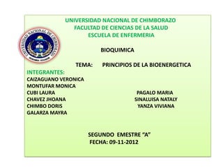 UNIVERSIDAD NACIONAL DE CHIMBORAZO
                  FACULTAD DE CIENCIAS DE LA SALUD
                      ESCUELA DE ENFERMERIA

                          BIOQUIMICA

                  TEMA:   PRINCIPIOS DE LA BIOENERGETICA
INTEGRANTES:
CAIZAGUANO VERONICA
MONTUFAR MONICA
CUBI LAURA                              PAGALO MARIA
CHAVEZ JHOANA                          SINALUISA NATALY
CHIMBO DORIS                            YANZA VIVIANA
GALARZA MAYRA


                      SEGUNDO EMESTRE “A”
                      FECHA: 09-11-2012
 
