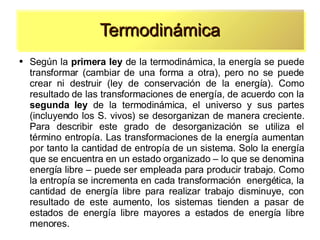 Termodinámica Según la  primera ley  de la termodinámica, la energía se puede transformar (cambiar de una forma a otra), pero no se puede crear ni destruir (ley de conservación de la energía). Como resultado de las transformaciones de energía, de acuerdo con la  segunda ley  de la termodinámica, el universo y sus partes (incluyendo los S. vivos) se desorganizan de manera creciente. Para describir este grado de desorganización se utiliza el término entropía. Las transformaciones de la energía aumentan por tanto la cantidad de entropía de un sistema. Solo la energía que se encuentra en un estado organizado – lo que se denomina energía libre – puede ser empleada para producir trabajo. Como la entropía se incrementa en cada transformación  energética, la cantidad de energía libre para realizar trabajo disminuye, con resultado de este aumento, los sistemas tienden a pasar de estados de energía libre mayores a estados de energía libre menores. 