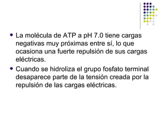 La molécula de ATP a pH 7.0 tiene cargas negativas muy próximas entre sí, lo que ocasiona una fuerte repulsión de sus cargas eléctricas. Cuando se hidroliza el grupo fosfato terminal desaparece parte de la tensión creada por la repulsión de las cargas eléctricas.  