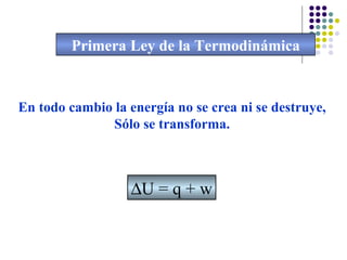 Primera Ley de la Termodinámica En todo cambio la energía no se crea ni se destruye,  Sólo se transforma.  U = q + w 