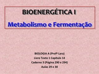 BIOENERGÉTICA I
Metabolismo e Fermentação
BIOENERGÉTICA I
Metabolismo e Fermentação
BIOLOGIA A (Profª Lara)
Livro Texto 1 Capítulo 14
Caderno 3 (Página 290 e 294)
Aulas 29 e 30
 
