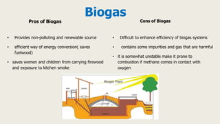 Pros of Biogas
• Provides non-polluting and renewable source
• efficient way of energy conversion( saves
fuelwood)
• saves women and children from carrying firewood
and exposure to kitchen smoke
Cons of Biogas
• Difficult to enhance efficiency of biogas systems
• contains some impurities and gas that are harmful
• it is somewhat unstable make it prone to
combustion if methane comes in contact with
oxygen
Biogas
 