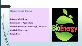 Bioenergy and Biogas
Roksana Aftab Ruhi
Department of Agriculture
Noakhali Science & Technology University
Noakhali,Chittagong.
Bangladesh
 