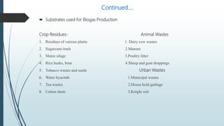 Continued….
 Substrates used for Biogas Production
Crop Residues- Animal Wastes
1. Residues of various plants 1. Dairy cow wastes
2. Sugarcane trash 2.Manure
3. Maize silage 3.Poultry litter
4. Rice husks, bran 4.Sheep and goat droppings
5. Tobacco wastes and seeds Urban Wastes
6. Water hyacinth 1.Municipal wastes
7. Tea wastes 2.House hold garbage
8. Cotton dusts 3.Knight soil
 