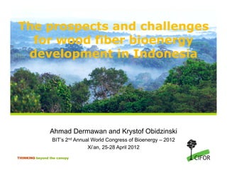 The prospects and challenges
  for wood fiber bioenergy
 development in Indonesia




                Ahmad Dermawan and Krystof Obidzinski
                 BIT’s 2nd Annual World Congress of Bioenergy – 2012
                                Xi’an, 25-28 April 2012
THINKING beyond the canopy
 