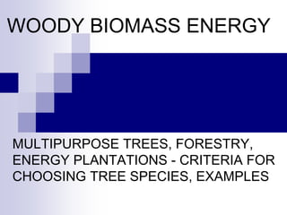 WOODY BIOMASS ENERGY
MULTIPURPOSE TREES, FORESTRY,
ENERGY PLANTATIONS - CRITERIA FOR
CHOOSING TREE SPECIES, EXAMPLES
 