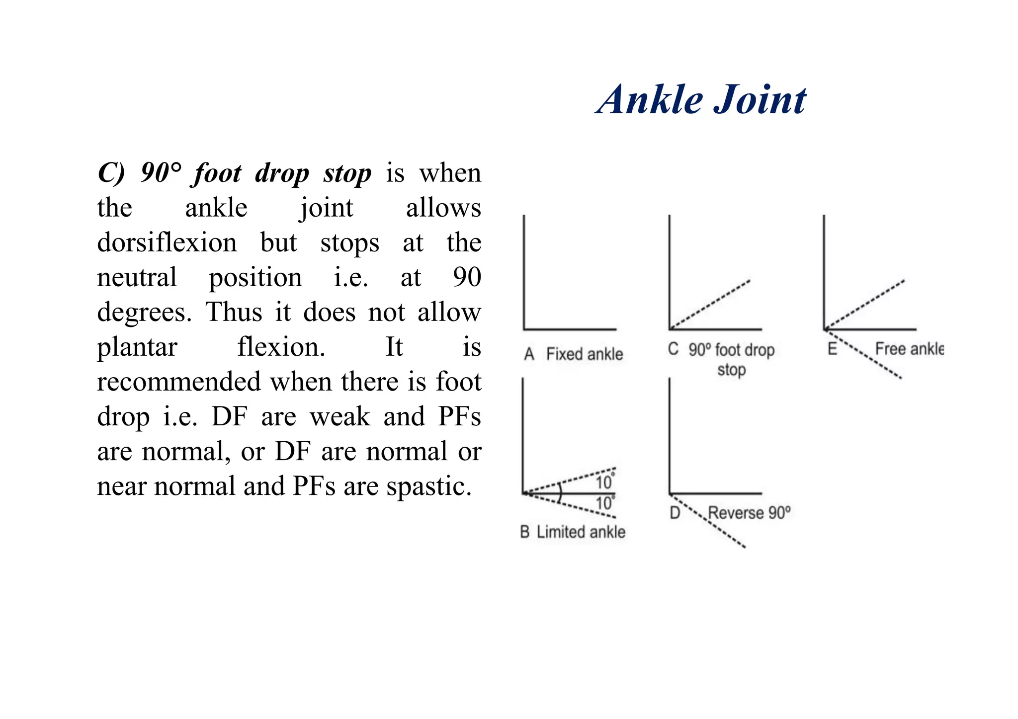 Ankle Joint
C) 90° foot drop stop is when
the ankle joint allows
dorsiflexion but stops at the
neutral position i.e. at 90
degrees. Thus it does not allow
plantar flexion. It is
recommended when there is foot
drop i.e. DF are weak and PFs
are normal, or DF are normal or
near normal and PFs are spastic.
 