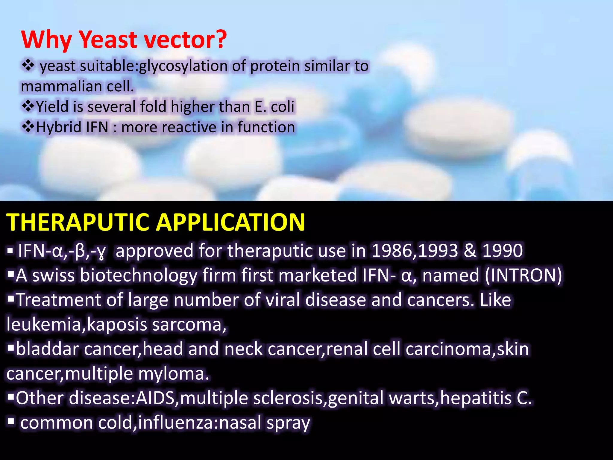 Why Yeast vector?
 yeast suitable:glycosylation of protein similar to
mammalian cell.
Yield is several fold higher than E. coli
Hybrid IFN : more reactive in function
THERAPUTIC APPLICATION
 IFN-α,-β,-ɣ approved for theraputic use in 1986,1993 & 1990
A swiss biotechnology firm first marketed IFN- α, named (INTRON)
Treatment of large number of viral disease and cancers. Like
leukemia,kaposis sarcoma,
bladdar cancer,head and neck cancer,renal cell carcinoma,skin
cancer,multiple myloma.
Other disease:AIDS,multiple sclerosis,genital warts,hepatitis C.
 common cold,influenza:nasal spray
 