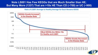 Note LS001 Has Few KEGGs that are Much Smaller than HE;
But Many More (1337) That are >10x HE Than CD (~700) or UC (~900)
Ratio of LS001 Average to Healthy Average for Each Nonzero KEGG
Most KEGGs Are Within 10x
In Healthy and LS001
KEGGs Greatly Increased
In the Disease State
KEGGs Greatly Decreased
In the Disease State
 