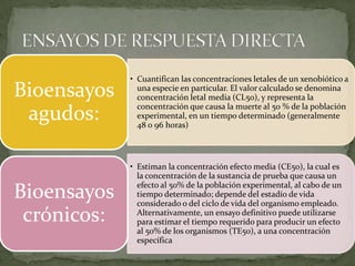 • Cuantifican las concentraciones letales de un xenobiótico a
Bioensayos     una especie en particular. El valor calculado se denomina
               concentración letal media (CL50), y representa la
               concentración que causa la muerte al 50 % de la población
 agudos:       experimental, en un tiempo determinado (generalmente
               48 o 96 horas)



             • Estiman la concentración efecto media (CE50), la cual es
               la concentración de la sustancia de prueba que causa un
               efecto al 50% de la población experimental, al cabo de un
Bioensayos     tiempo determinado; depende del estadío de vida
               considerado o del ciclo de vida del organismo empleado.
 crónicos:     Alternativamente, un ensayo definitivo puede utilizarse
               para estimar el tiempo requerido para producir un efecto
               al 50% de los organismos (TE50), a una concentración
               específica
 