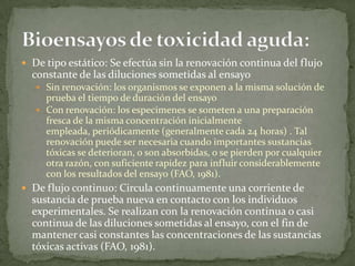  De tipo estático: Se efectúa sin la renovación continua del flujo
  constante de las diluciones sometidas al ensayo
    Sin renovación: los organismos se exponen a la misma solución de
     prueba el tiempo de duración del ensayo
    Con renovación: los especimenes se someten a una preparación
     fresca de la misma concentración inicialmente
     empleada, periódicamente (generalmente cada 24 horas) . Tal
     renovación puede ser necesaria cuando importantes sustancias
     tóxicas se deterioran, o son absorbidas, o se pierden por cualquier
     otra razón, con suficiente rapidez para influir considerablemente
     con los resultados del ensayo (FAO, 1981).
 De flujo continuo: Circula continuamente una corriente de
  sustancia de prueba nueva en contacto con los individuos
  experimentales. Se realizan con la renovación continua o casi
  continua de las diluciones sometidas al ensayo, con el fin de
  mantener casi constantes las concentraciones de las sustancias
  tóxicas activas (FAO, 1981).
 
