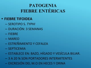 PATOGENIA
FIEBRE ENTÉRICAS
• FIEBRE TIFOIDEA
– SEROTIPO S. TYPHI
– DURACIÓN: 3 SEMANAS
– FIEBRE
– MAREO
– ESTREÑIMIENTO Y CEFALEA
– SEPTICEMIA
– ESTABLECE EN: BAZO, HÍGADO Y VESÍCULA BILIAR.
– 3 A 20 % SON PORTADORES INTERMITENTES
– EXCRESIÓN DEL M.O EN HECES Y ORINA
 