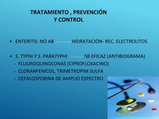 TRATAMIENTO , PREVENCIÓN
Y CONTROL
• ENTERITIS: NO AB HIDRATACIÓN- REC. ELECTROLITOS
• S. TYPHI Y S. PARATYPHI AB EFICAZ (ANTIBIOGRAMA)
- FLUOROQUINOLONAS (CIPROFLOXACINO)
- CLORANFENICOL, TRIMETROPIM SULFA
- CEFALOSPORINA DE AMPLIO ESPECTRO
 