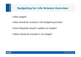 BioEntrepreneurship: Budgeting for life science companies | PDF