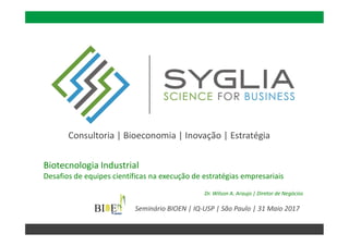 Consultoria | Bioeconomia | Inovação | Estratégia
BIOTECNOLOGIA INDUSTRIAL
DESAFIOS DE EQUIPES CIENTÍFICAS NA EXECUÇÃO DE ESTRATÉGIAS EMPRESARIAIS
Dr. Wilson A. Araujo | Diretor de Negócios
Seminário BIOEN | IQ-USP | São Paulo | 31 Maio 2017
 